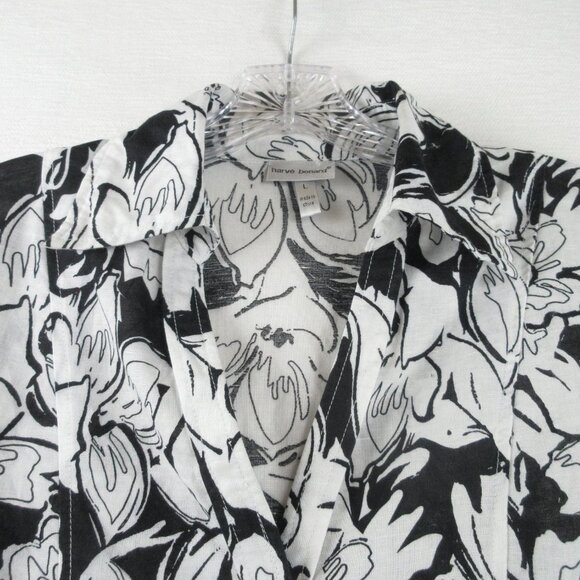 Harve Bernard Black and White Linen Blouse Size L Abstract Floral - Picture 6 of 16
